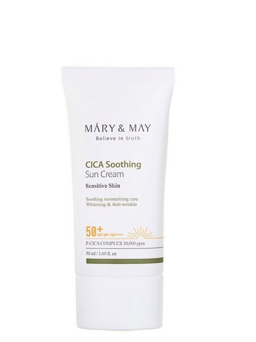 Крем mary may. Mary May солнцезащитный крем cica Soothing Sun. Mary&May cica Soothing Sun Cream SPF 50+ pa++++. Успокаивающий солнцезащитный крем с центеллой cica Soothing Sun Cream. Корейский крем SPF 50.