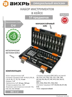 Набор инструментов 1 4", CrV, в кейсе 57 предметов