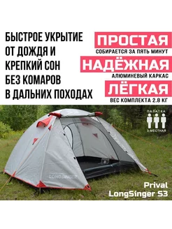 Палатка 3-местная трекинговая LongSinger S3, серый