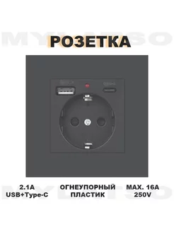 Розетка встраиваемая с USB Type-c и заземлением черная