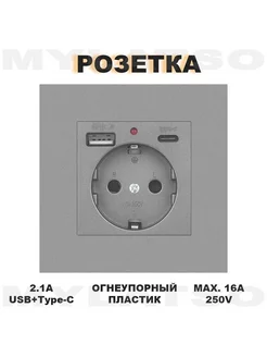 Розетка встраиваемая с USB Type-c и заземлением серая