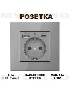 Розетка встраиваемая с USB Type-c и заземлением серая