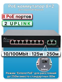 Коммутатор POE 8 + 2 Uplink порта 250 m