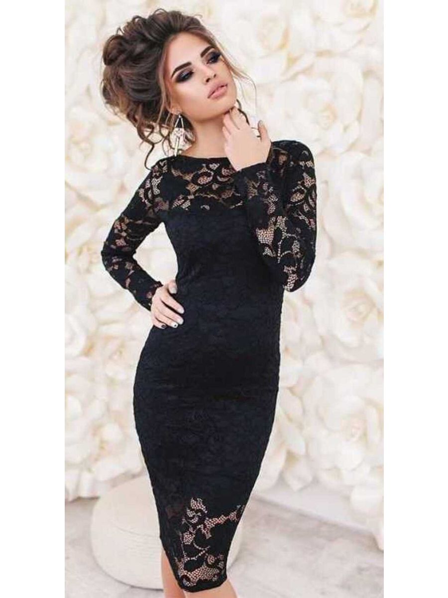 Черное платье с гипюром